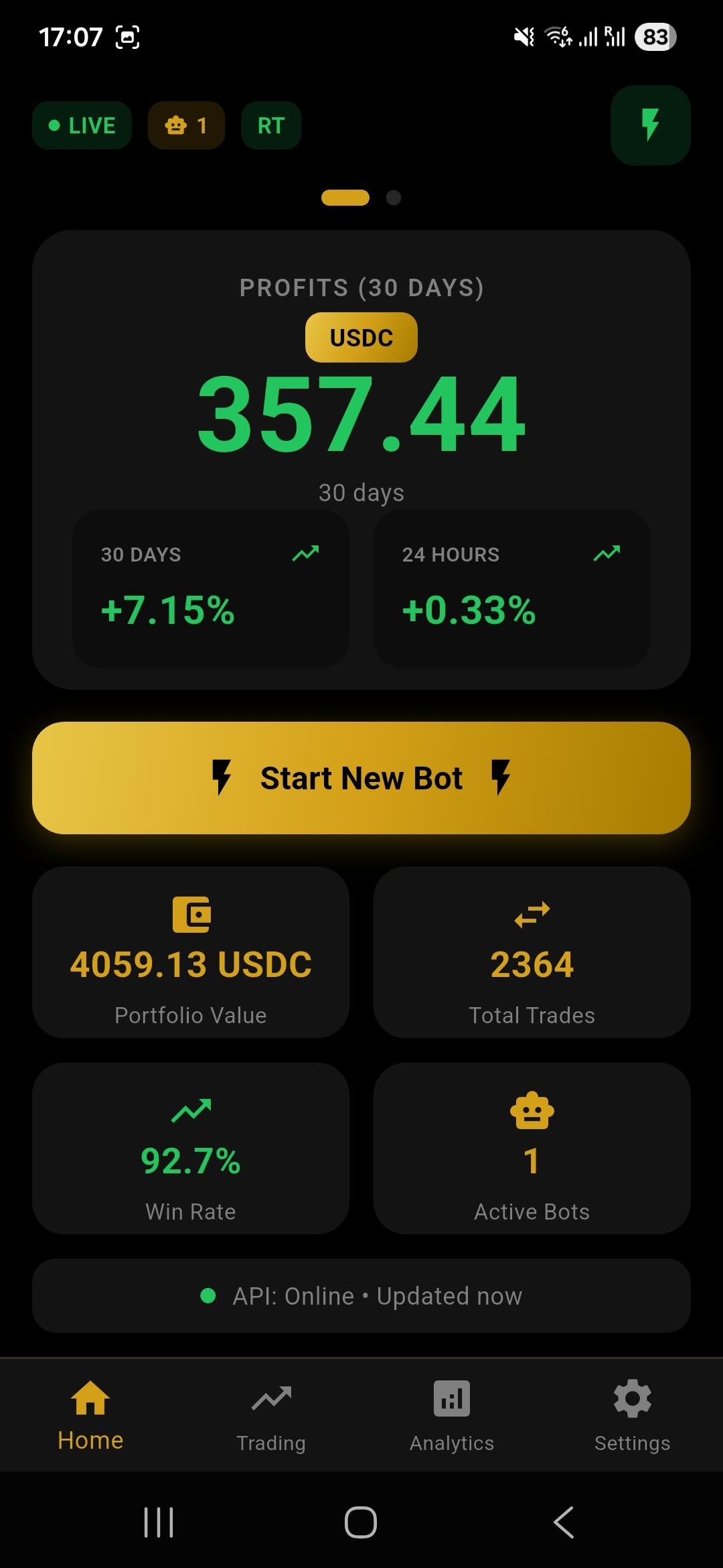 IOI Crypto Trading Bot App - Dashboard showing automated Binance trading with momentum strategy